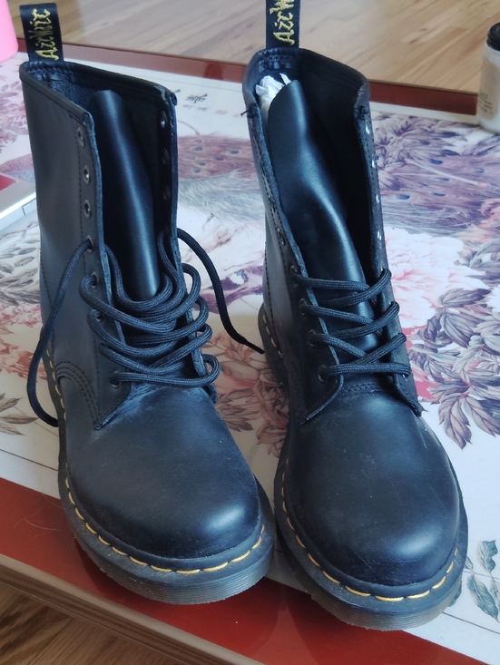 Dr. Martens Shoes - Brand new Dr. Martens Black Leather Lace-Up Boots with Yellow Stitching